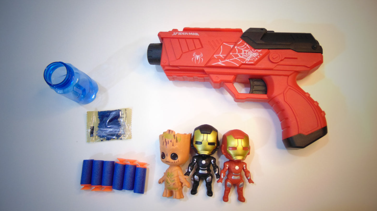 Red Spiderman Gun Set with 6 Soft Bullets, Water Absorbent Bullet Pack & 3 Action Figures