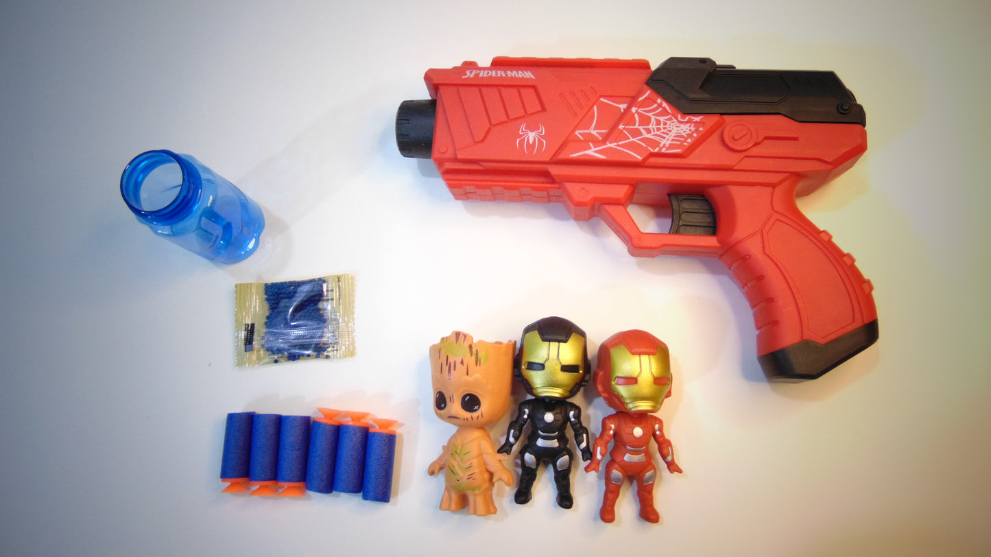 Red Spiderman Gun Set with 6 Soft Bullets, Water Absorbent Bullet Pack & 3 Action Figures