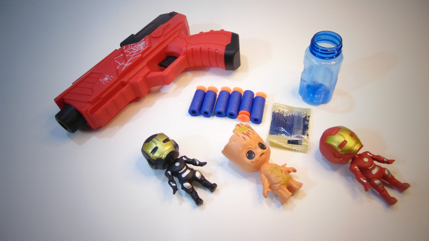 Red Spiderman Gun Set with 6 Soft Bullets, Water Absorbent Bullet Pack & 3 Action Figures