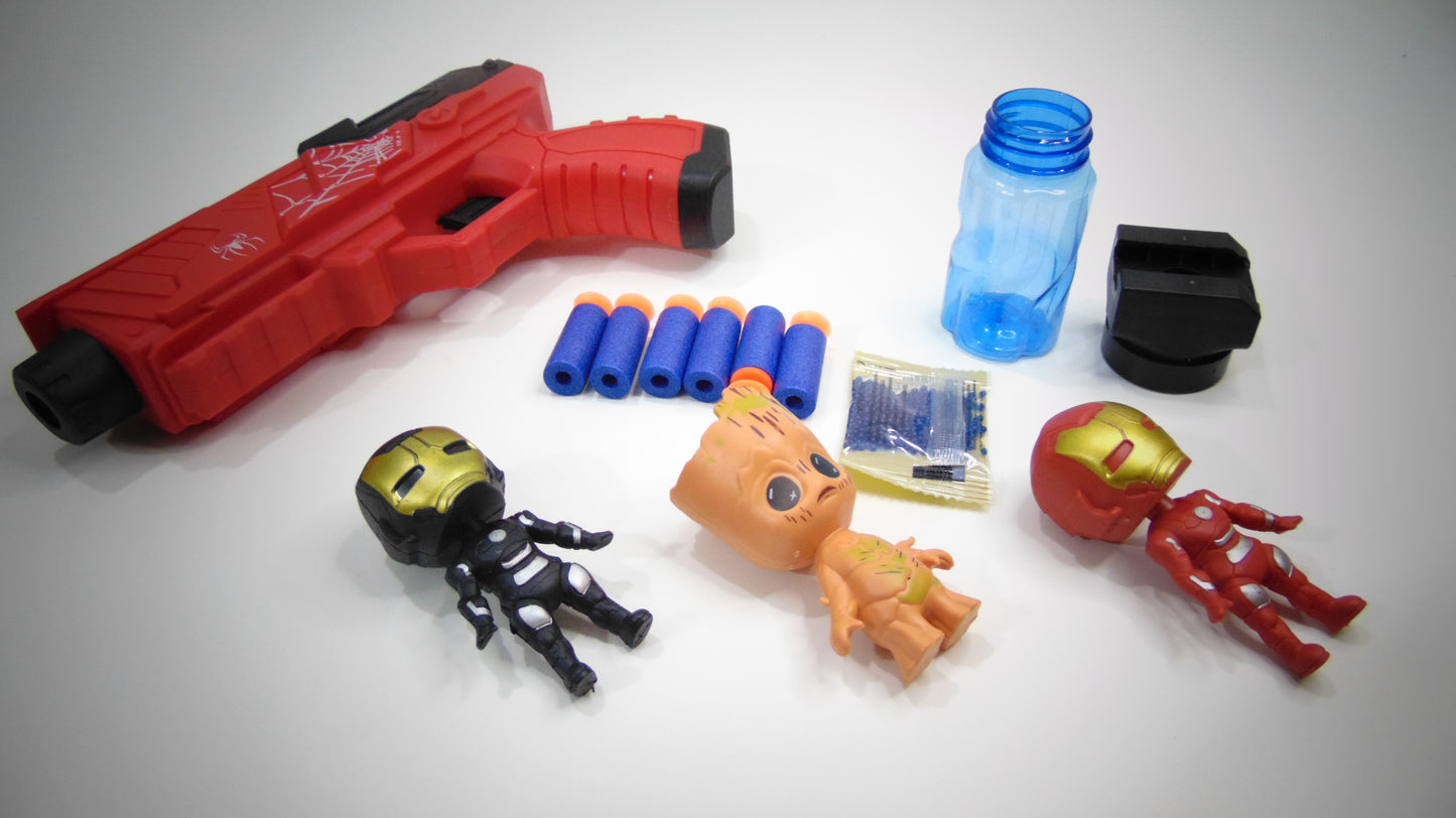 Red Spiderman Gun Set with 6 Soft Bullets, Water Absorbent Bullet Pack & 3 Action Figures