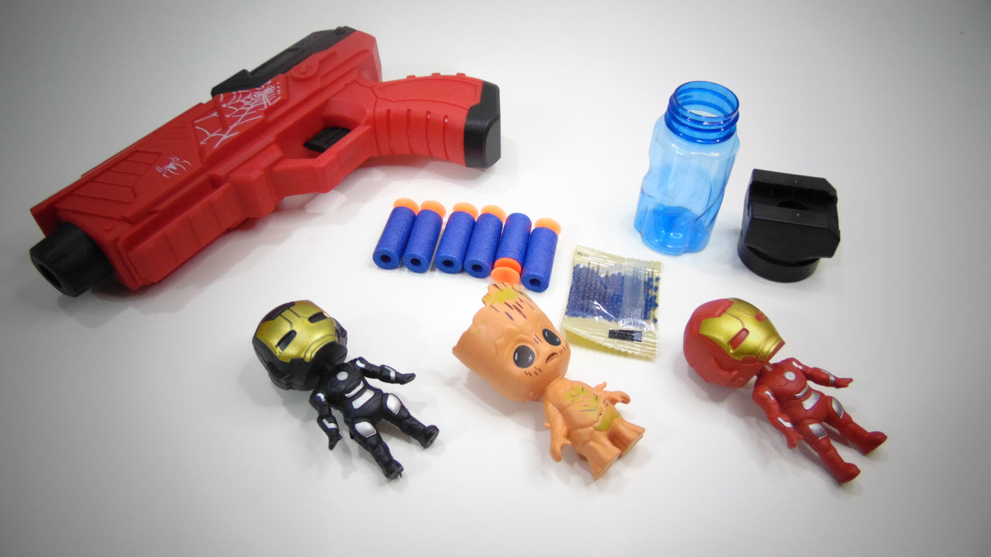 Red Spiderman Gun Set with 6 Soft Bullets, Water Absorbent Bullet Pack & 3 Action Figures