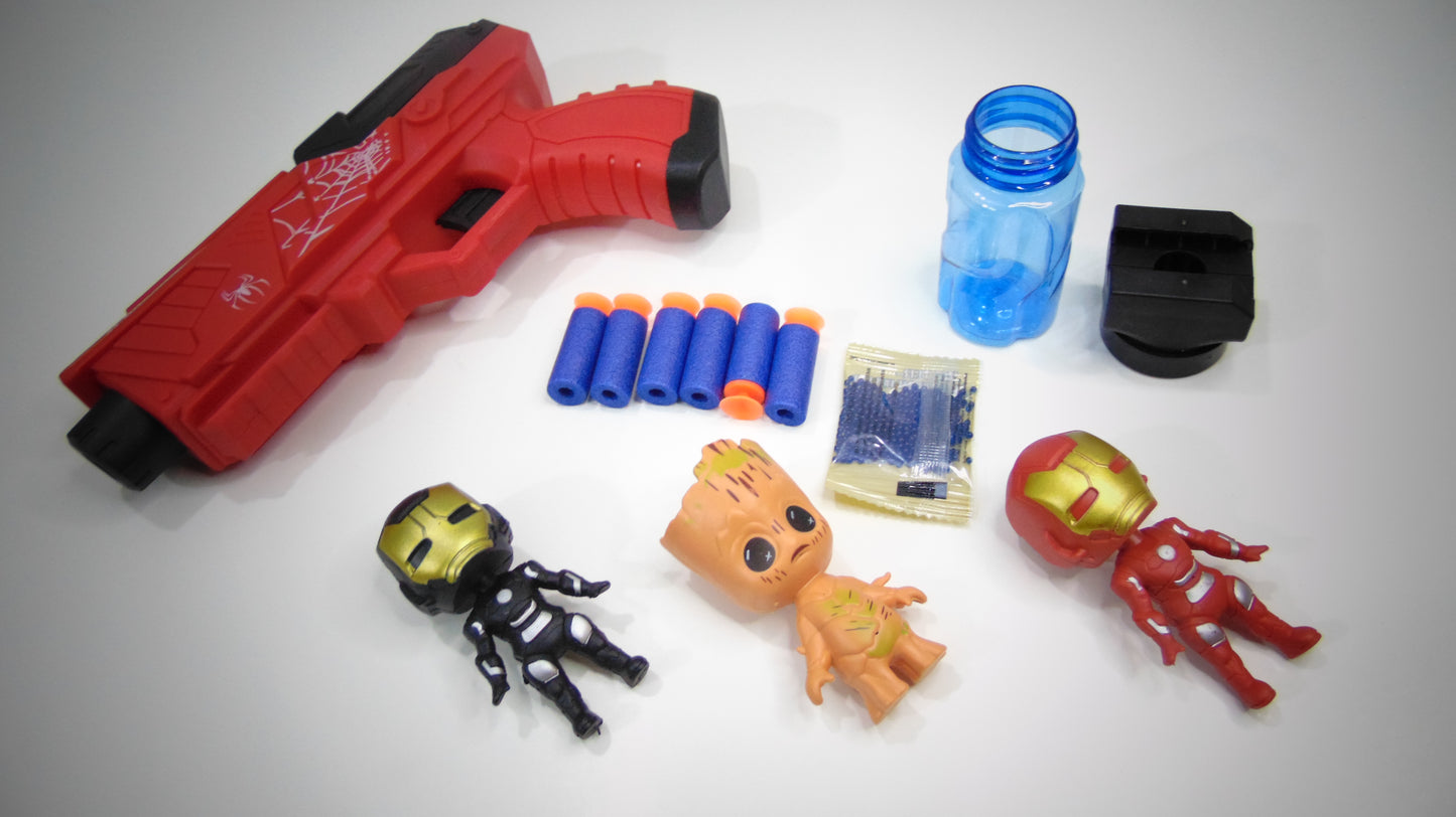 Red Spiderman Gun Set with 6 Soft Bullets, Water Absorbent Bullet Pack & 3 Action Figures