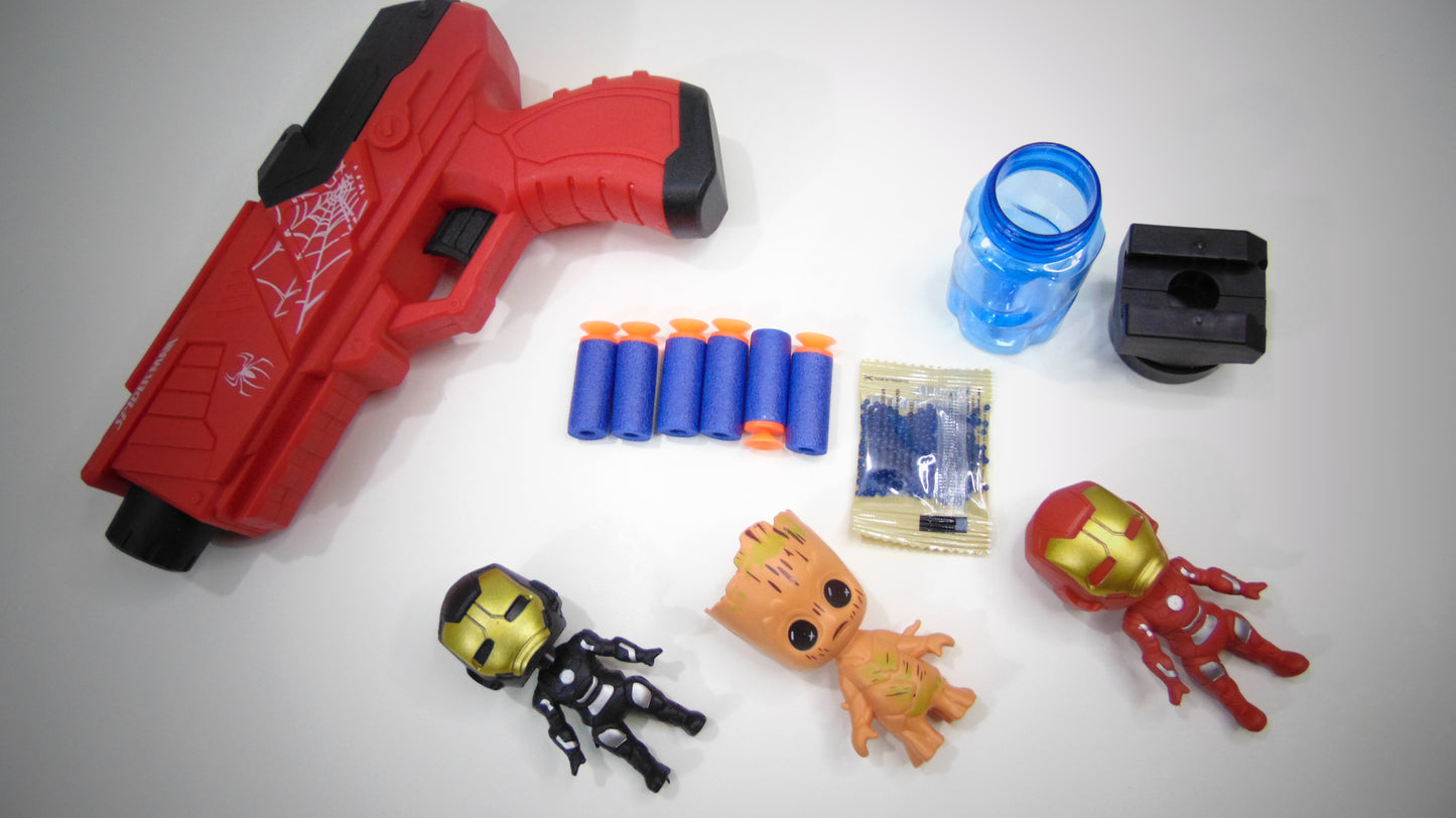 Red Spiderman Gun Set with 6 Soft Bullets, Water Absorbent Bullet Pack & 3 Action Figures