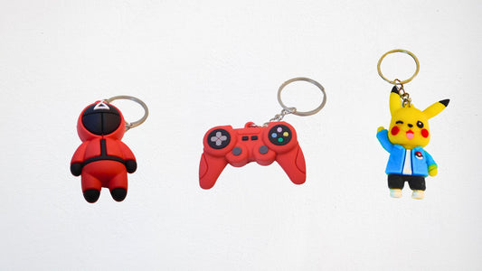 Set of 3 Keychains - Game Controller, Squid Game Character, Pikachu