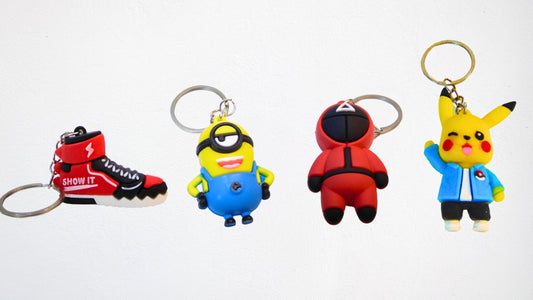 Pack of 4 Keychains - Pokemon Pikachu, Squid Game Character, Shoes, Minion