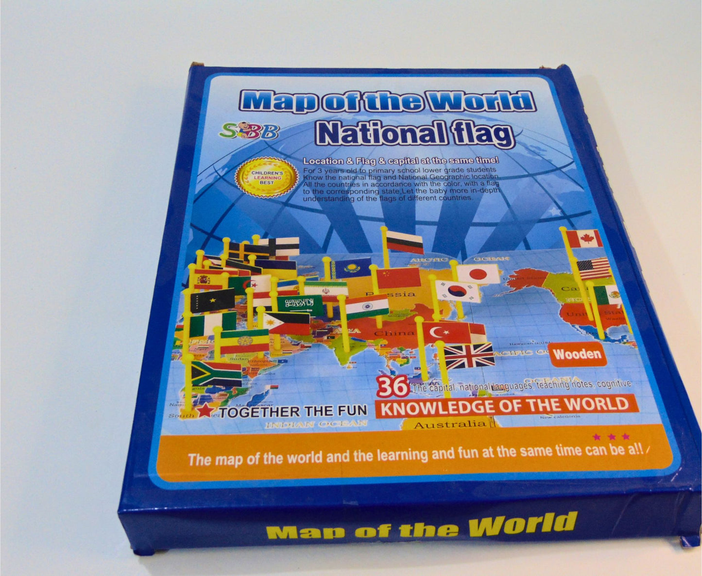 Wooden World Map with 36 Flags - Educational Toy for Boys & Girls