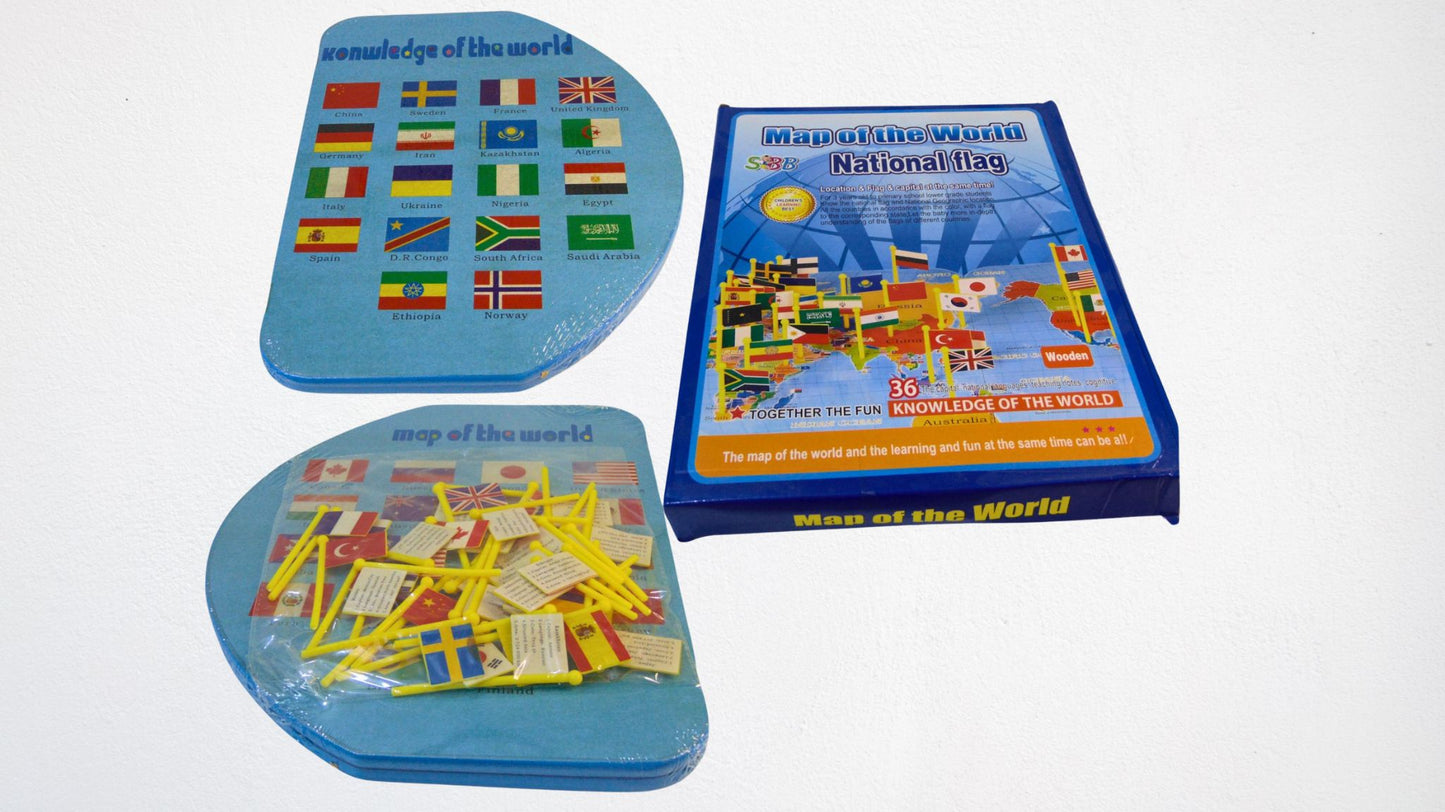 Wooden World Map with 36 Flags - Educational Toy for Boys & Girls